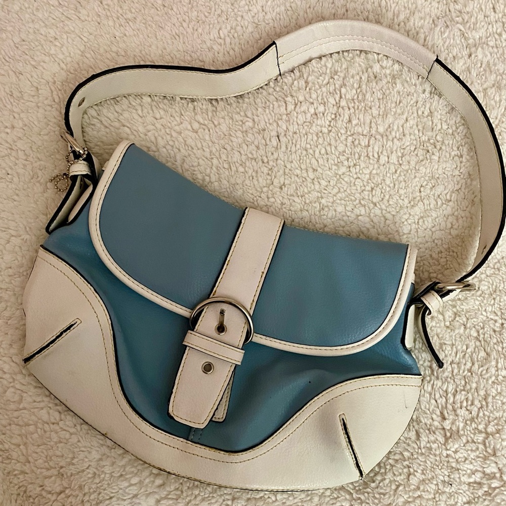 Coach Blue and White Shoulder Bag with Silver Buckle